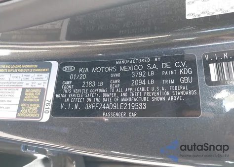 2020 Kia Forte Lxs from USA, damaged, VIN 3KPF24AD9LE219533